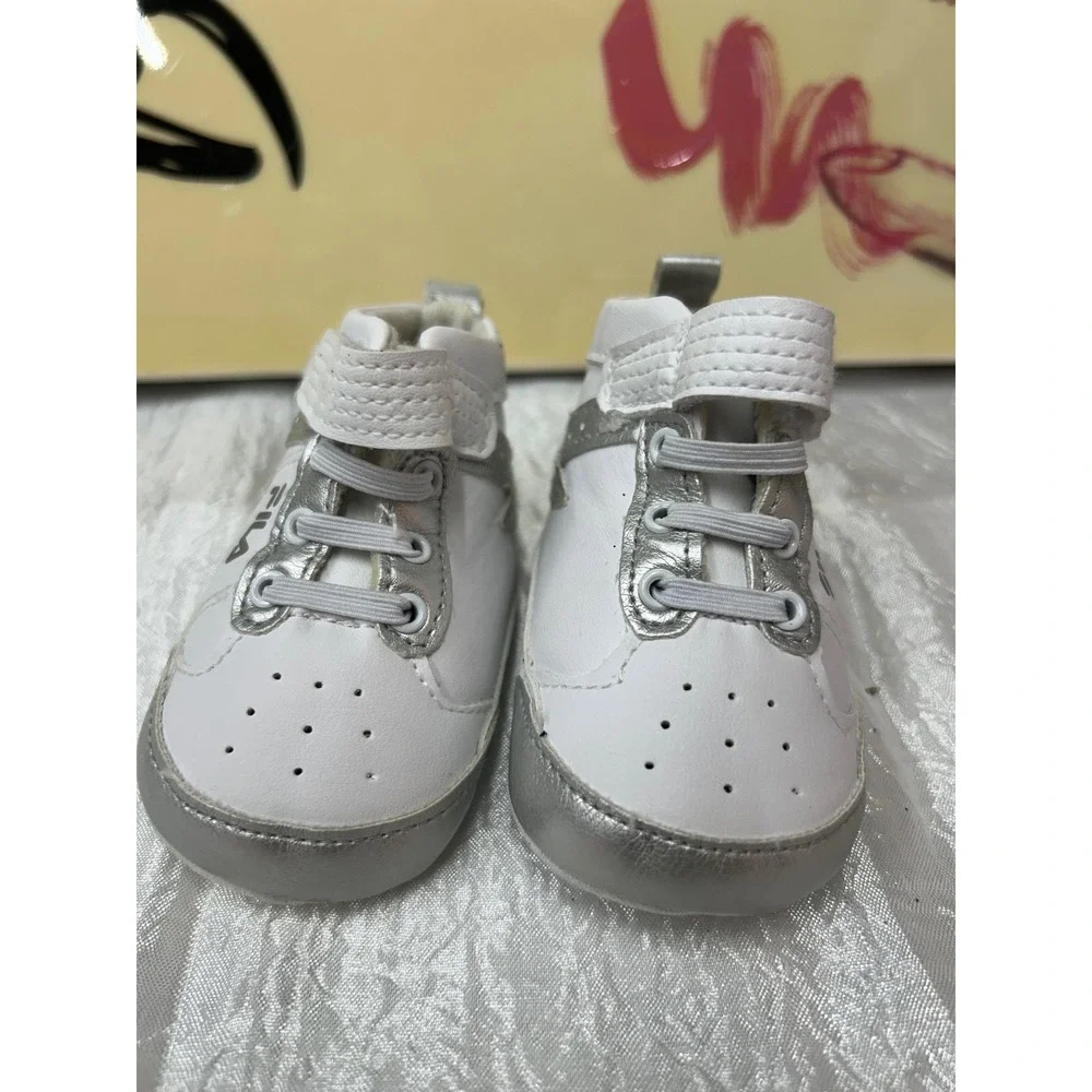 Fila Infant Boys Girls White Silver High Top Crib Shoes Sneakers 6-9 Months